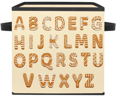 VAPOKF Scatola portaoggetti pieghevole, in tessuto, a forma di cubo, organizer con manici, per giocattoli, vestiti, libri, armadio, camera da letto, casa, con lettere dell'alfabeto di pan di zenzero