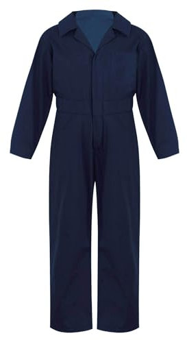 Xnihocha Kinder Langarm Jumpsuit Unisex Arbeitsoverall Einteilige Ganzanzug Reverskragen Einfarbiger Hosenanzug mit Reißverschluss Dunkelblau 170-176