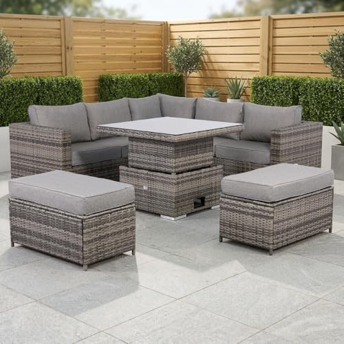 Rattan park Cambridge Range Rattan Garden Furniture Square Corner Sofa Set with Rising Table in Stone Browne Grey weave