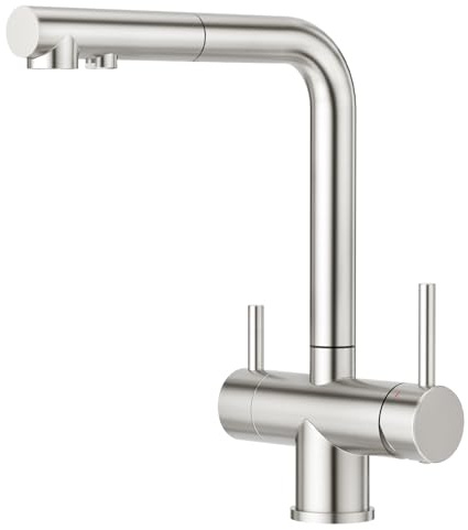 CREA Rubinetto da cucina a 3 vie con doccia, rubinetto con rotazione a 360°, miscelatore a tre vie per filtro dell'acqua, doppia leva, rubinetto 3 in 1, in acciaio inox spazzolato