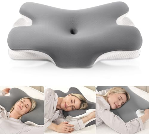 MULISOFT Cuscino Cervicale per Dormire, Cuscino Ergonomico in Memory Foam, 2 in 1 Cuscino a Farfalla Ideale per ogni Posizione del Sonno, Federa Sfoderabile e Lavabile, 67×36×10/12 cm, P-105 Grigio