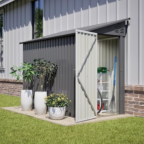 Cobertizo de jardín de metal con puerta con cerradura y ventilación, cobertizo de herramientas resistente a la intemperie para jardín, terraza y patio trasero, gris, 242 x 124 x 192 cm