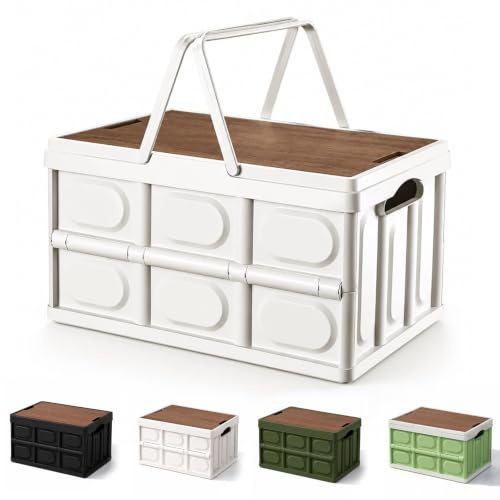bechoanigel Fällbar låda med lock 30 l, campingbox förvaringslåda med handtag, hopfällbara lådor vikbar stabil, bagageutrymme organisering utomhus camping tillbehör för camping, resor, familj (vit)