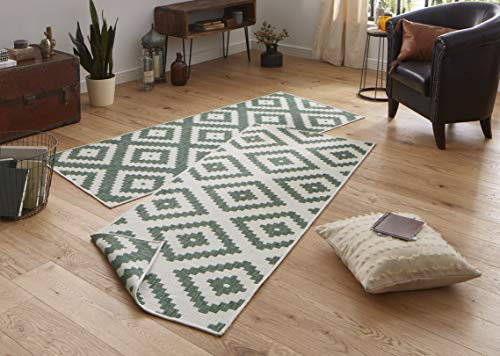 NORTHRUGS Outdoor Teppich Malta-Wendeteppich Wetterfest Modernes Geometrisches Muster Läufer für Balkon Terrasse Garten Wintergarten Wohnzimmerteppich Wasserfest, Polypropylen, Grün,Creme, 80x250cm