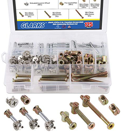 Glarks 125Pcs 3-in-1 Furniture Bolt nut Connection, Hex Drive Socket Cap Furniture Barrel Screws nuts & Cam Fitting & Dowel Nut & Eccentric Wheel for Crib, Wardrobe Splicing, Cabinet Drawer and Chairs