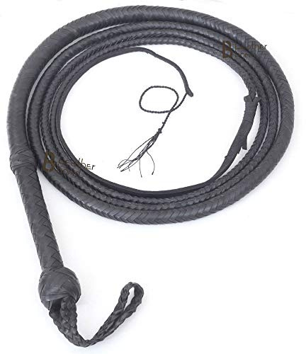 Bull Whip 08 foot 16 flätor känguru gömd läder ridning bullwhip läder mage och läderstöd inuti, Indiana Jones svart