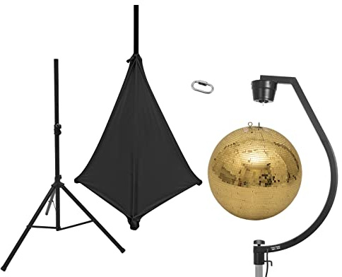 EUROLITE Set Spiegelkugel 50cm gold mit Stativ und Segel schwarz | Goldene Spiegelkugel inkl. Stativhalterung mit Motor, Stativsegel und Box