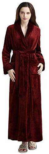 CaiDieNu Vestaglia lunga da donna in pile, vestaglia da donna in tessuto felpato di lusso, accappatoio da donna con collo a scialle, vestaglia da notte, Borgogna, S-M