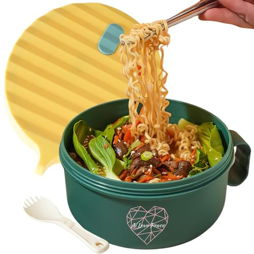 Microwaveable Ramen Noodle Bowl Cooker 40oz for Ramen, Pho, Soup, and Pasta, Dishwasher Safe and Portable, Ideal for Home, Office, Dorm, or Gift.Ai Love Peace (Green)