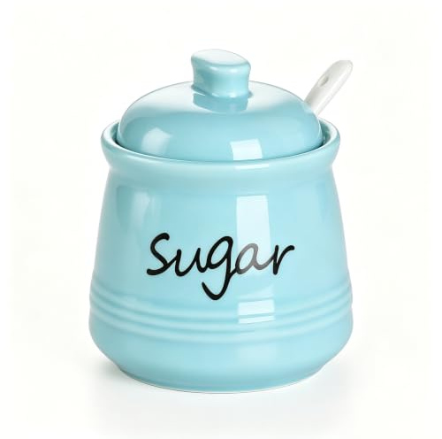 ONTUBE Ceramic Sugar Bowl with Lid and Spoon 12oz (Turquoise Blue)