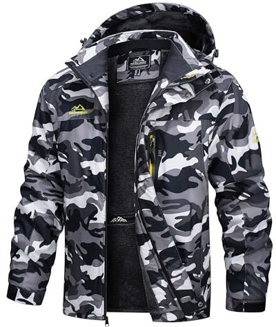 TACVASEN Herren Warme Skijacke Gefütterte Winterjacke Wasserabweisende mit Abnehmbarer Kapuzen (L, Schwarz-Camo)