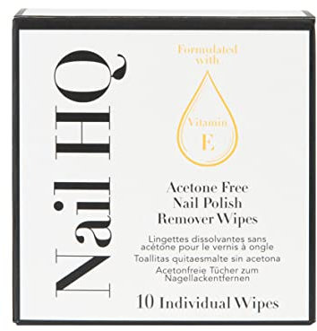 Nail HQ Acetone-Free Nail Polish Remover Wipes, Vitamin E Enriched, Individually Wrapped – Gentle, Portable, 10 Pack