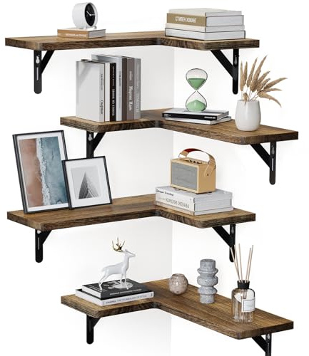 Amada Corner Floating Shelves, Paulownia Wood, Set of 4, Brown