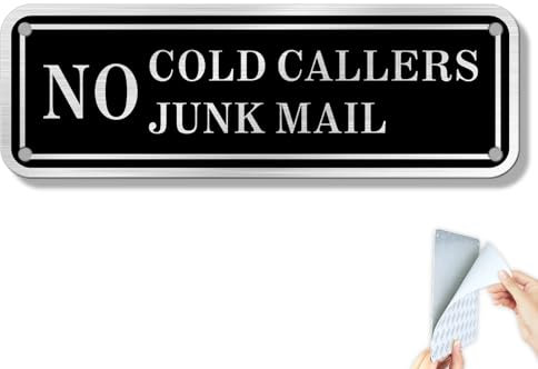 SINMAO No Cold Callers Sign for Front Door 15cm×5cm Metall No Junk Mail Sticker for Letterbox Self Adhesive with Pre-Drilled Holes Small Size Black x1pcs
