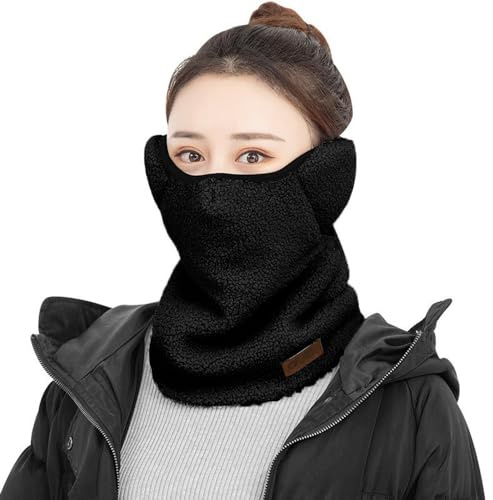 YzoTek Máscara de ciclismo 3 en 1 para invierno, cálida, con cubierta para las orejas y bufanda, unisex, transpirable, para la cara, la boca, orejeras, cuello, envoltura completa, Negro, Talla única