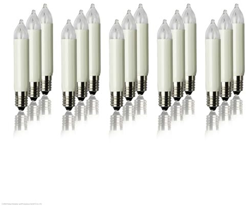 hellum Ersatzbirnen für Lichterbogen, 15 Stück 12V 3W klein-Schaftkerzen für Schwibbogen, für Ersatz-Kerzen Lichterketten innen und außen mit 20 Brennstellen, ø10mm E10/ 12V/ 3W/ 22Lumen 151381