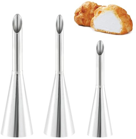Rapidbok 3 Douille à Pâtisserie Petit Choux, Seringue Patisserie Fourrage Inox, Douille Inox à Garnir, Douille pour Garnir les Choux, pour Garnir Confitures, Pâte Feuilletée, Beignets, Pain - Argent