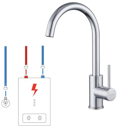 KINSE Niederdruck Armatur Küche/Bad, 360° Drehbar Wasserhahn Niederdruck,Einhebelmischer Waschtischarmatur, Wasserhahn mit 3 Anschluessen Fuer Boiler, Mischbatterie Spültischarmatur aus Edelstahl