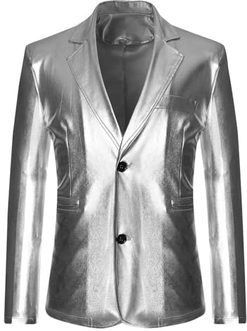 RKaixuni Men's Faux-Leather Jackets Blazer Two Button Shiny Suit Jacket Tuxedo Jackets for Wedding Prom Party Dinner Banquet Silver