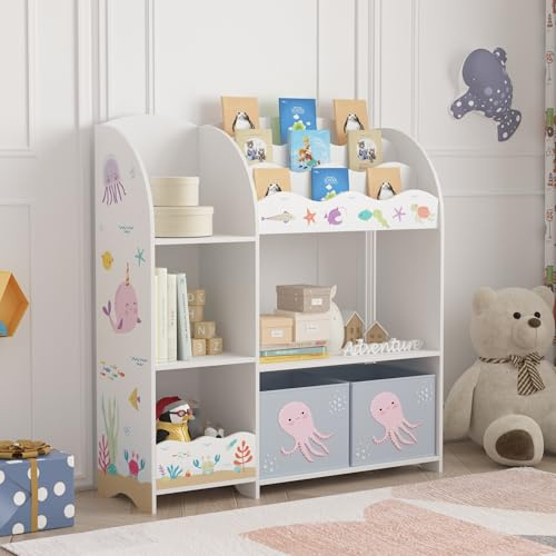 [en.casa] Scaffale per Cameretta con Ripiani 2 Scatole Porta Giochi Contenitori a Scaletta per Bambini Mobile Organizzatore a Misura di Bimbi - Design a Oceano
