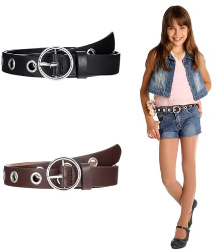 2 Stück Punk Gürtel für Kinder, Verstellbarer Elastischer Gürtel mit Metall Pin Schnalle, Frau Gürtel Nietengürtel Damen Leder Gürtel mit Nieten und glänzender Oberfläche Kreis Gürtel aus PU-Leder
