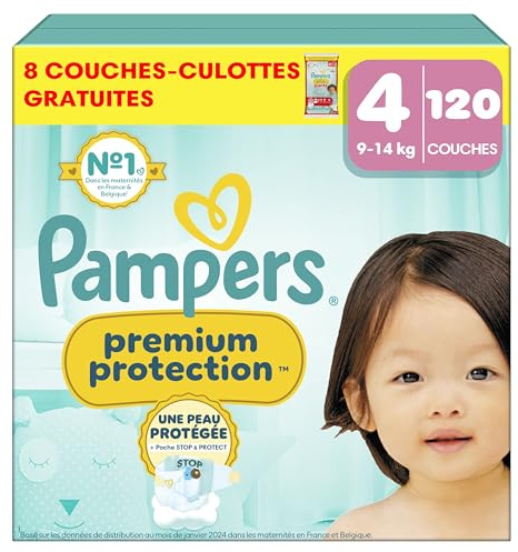 Pampers Premium Protection Taille 4, 120 Couches, Double Protection Pour La Peau Et Contre Les Fuites + 8 couches-culottes gratuites
