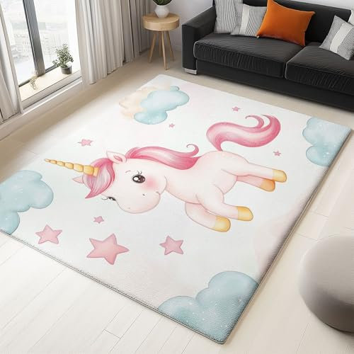 Teppich Wohnzimmer Waschbarer 160 x 230 cm Schlafzimmer Moderner Kurzflor Teppiche Angenehm Weich Waschbar, für Esszimmer Büro Bereich Dekor, Fantasie Einhorn Wolken Creme Grau