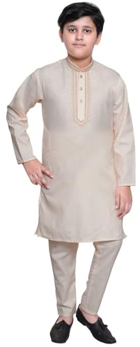 Desi Sarees Boys Cotton Cream Neck Embroidered Kurta With Trouser Pant 994 (Cream, 6 Years)