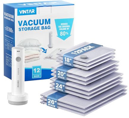Vacuum Storage Bags for Travel with Rechargeable Wireless Pump, VINTAR 12 Pack (3 J+3 L+3 M+3 S) Space Saver Compression Bags for Luggage, Suitcase, Clothes, Bedding, Blankets