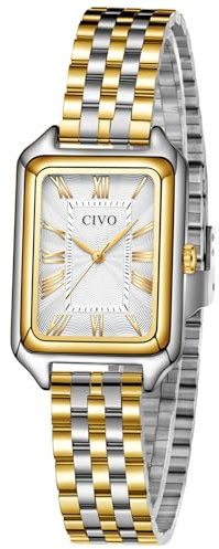 CIVO Vintage Montre Femme Rectangulaire: Cadran Chiffres Romains Or Argent | Montre Bracelet Acier Inoxydable Analogique Quartz Élégante pour Tenue Décontractée Chic - Cadeau pour Épouse Mère
