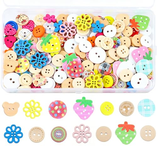 Hontaog 180 botones de madera de colores, botones redondos para coser, con caja de almacenamiento, para manualidades, vestidos, costura, manualidades, jerséis, cárdigans, álbumes de recortes