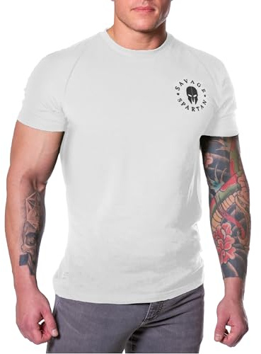 SAVAGE SPARTAN T-Shirt for Men - American Warrior Helmet Athletic Tee (Small, White)