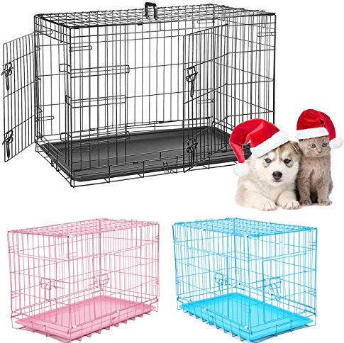 Dog Cage Dog Crates 2 Door Sturdy Home Pet Wire Cage Folding Metal Dog Crate with Plastic Tray Black Pink Blue Pet Cat Puppy Training Crate XS S M L Sizes Animal Playpen Transport Carrier (Black)