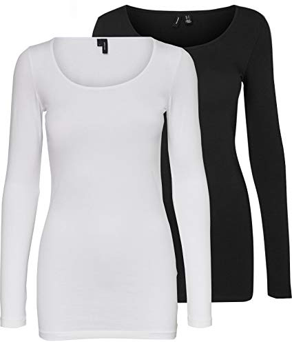 VERO MODA Maglia a Maniche Lunghe da Donna (Confezione da 2), Bianco/Nero (1 Bianco Brillante, 1 Nero), XS