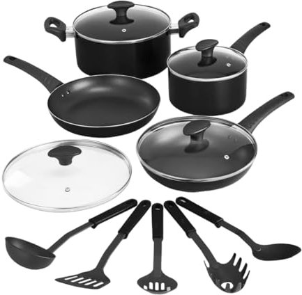 bella Set di pentole, 12 pentole e padelle con utensili, antiaderenti, senza PFOA, antigraffio, superficie di cottura compatibile con tutti i fornelli, nylon e alluminio, nero