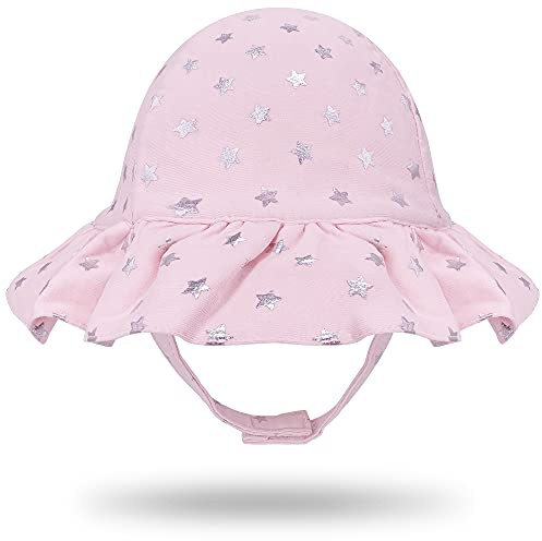 Gifts Treat Cappello da Sole Estivo per Ragazze, Cappello Pieghevole a Secchiello in Morbido Cotone, Cappello da Pescatore a Tesa Larga, Stelle Argento Rosa, 2-4 Anni