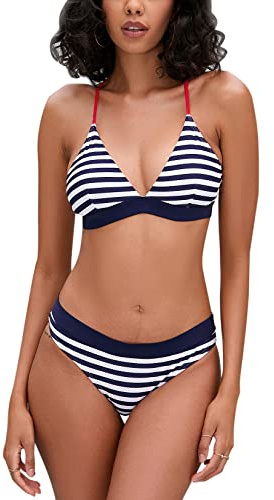 iSLASISIA Women’s Bikini Swimsuit Criss Cross Back Triangle Bikini Tie Back Bikini Set Two Piece Swimsuits (Blue & Stripes,UK8)