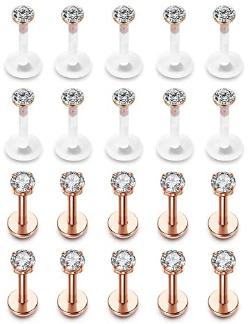 JSDDE 20er Rosegold Tragus Piercing 16ga Edelstahl Acryl Bioflex Retainer Lippenpiercing Helix Piercing Stecker Labret Monroe Piercing Set