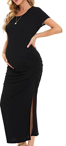 Smallshow Damen Lang Split Umstandskleid Sommer Kurzarm Umstandsmode Black XL