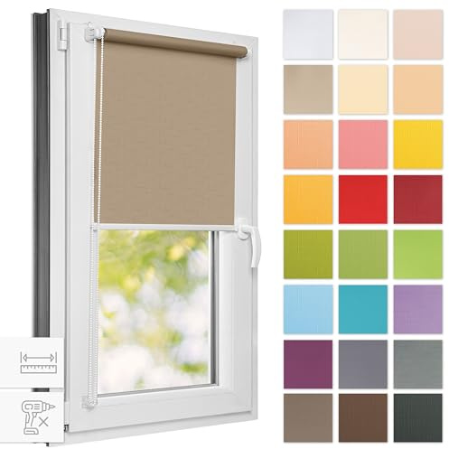 Estika Rollo für Fenster ohne Bohren - 140cm x 120cm - Dunkelbeige - 25 Stofffarben, Klemmfix Montage, Fensterrollos für innen, Sichtschutz für Fenster und Balkontür (140 cm Stoffbreite)