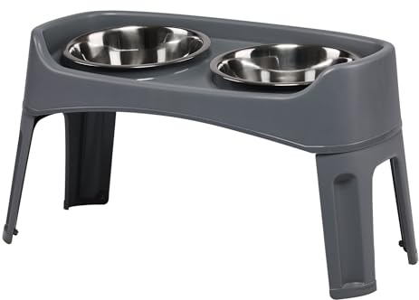 Iris Ohyama, Gamelle pour Chien, Support Gamelle Chien Surelevee, Double Bol INOX, Lot de 2, Hauteur Réglable, Anti Eclaboussure, Pliable, Digestion Fluide, pour Chat, Croquette, Eau, PEF-L, Gris