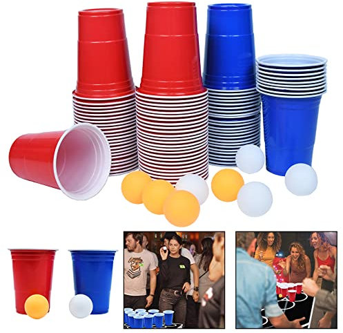 YZNAHRE Beer Pong Becher, 100 Becher + 10 Bällen Beerpong Partybecher, Bierpong Becher Set Bier Pong Party Becher Plastikbecher Trinkbecher für Camping Cocktail Bier Weihnachten Hochzeit Festivals