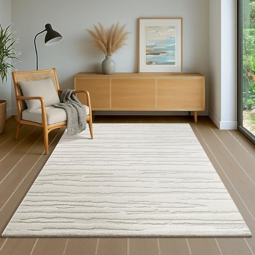 the carpet Everest - Moderner Kurzflor Teppich Hoch-Tief-Struktur, 3D-Effekt, weiche Oberfläche und hohe Flordichte, ideal für Wohnzimmer & Schlafzimmer, Abstraktes Design, Creme, 140 x 200 cm