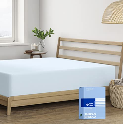 THREAD SPREAD Twin XL Fitted Sheet Only - 100% Cotton 400 Thread Count Deep Pocket Fitted Sheet Twin XL, Soft Cooling Sateen Weave Elastic Bottom Sheet, Fits College Dorm Mattress, Teens - Light Blue