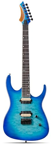 Leo Jaymz Electric Guitar Monsoon Series - Reverse Headstock, Mahogany Body,Roasted Maple Neck,Rosewood Fretboard,Locking Tuners,Rounded End Frets,AlnicoV Pickups,Fixed Hardtail Bridge (Blue Ocean)