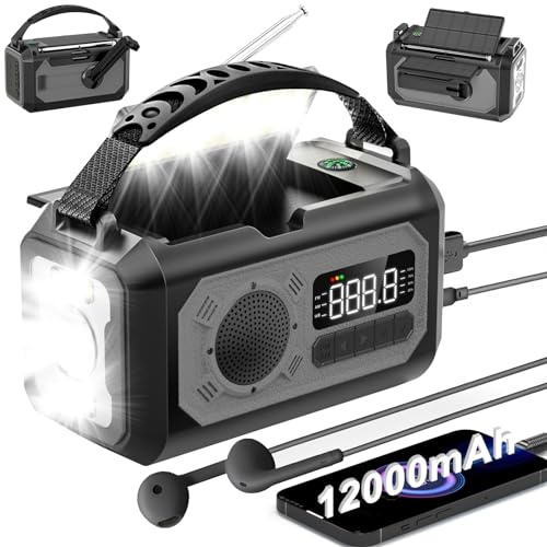 irjeen 12000mAh Emergency Radio, Portable Weather Alert Radio AM/FM/NOAA, Hand Crank with Flashlight, Reading Lamp, SOS Alarm, USB Charger, for Home & Outdoor Emergency (Gray)