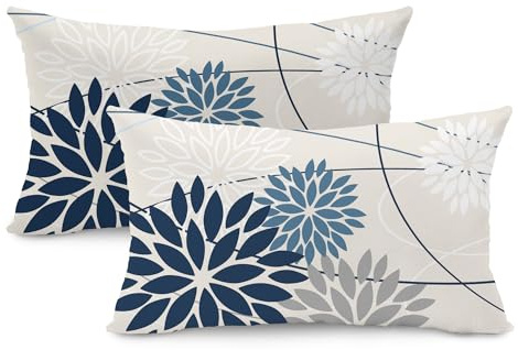 Blue and Gray Floral Pillow Covers 12x20 Set of 2 Outdoor Waterproof White Colored Decorative Throw Pillows Summer Pillowcase Polyester Cushion Case Decor for Couch Patio Funiture Garden Porch 01B12