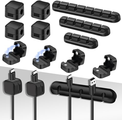 Cable Holder Clips, 11 Pack Magnetic Desk Cable Clips Management Silicone Self Adhesive Cable Tidy Cord Organizer for USB Charging Wire PC Office Home, Desk Accessories(Black)