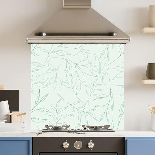 Toughened 6mm Glass Kitchen Splashback 70 x 65cm Mint Green Leaf Pattern Heat Resistant Back Splash for Cookers Hob