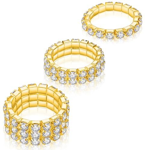 Kucheed 3 Piezas Anillo Elástico de Diamantes de Imitación, Juego de Anillos de Dedo Apilables de Cristal, Joyería con Anillo para Los Dedos del Pie, Banda para el Pulgar y el Meñique (Oro)